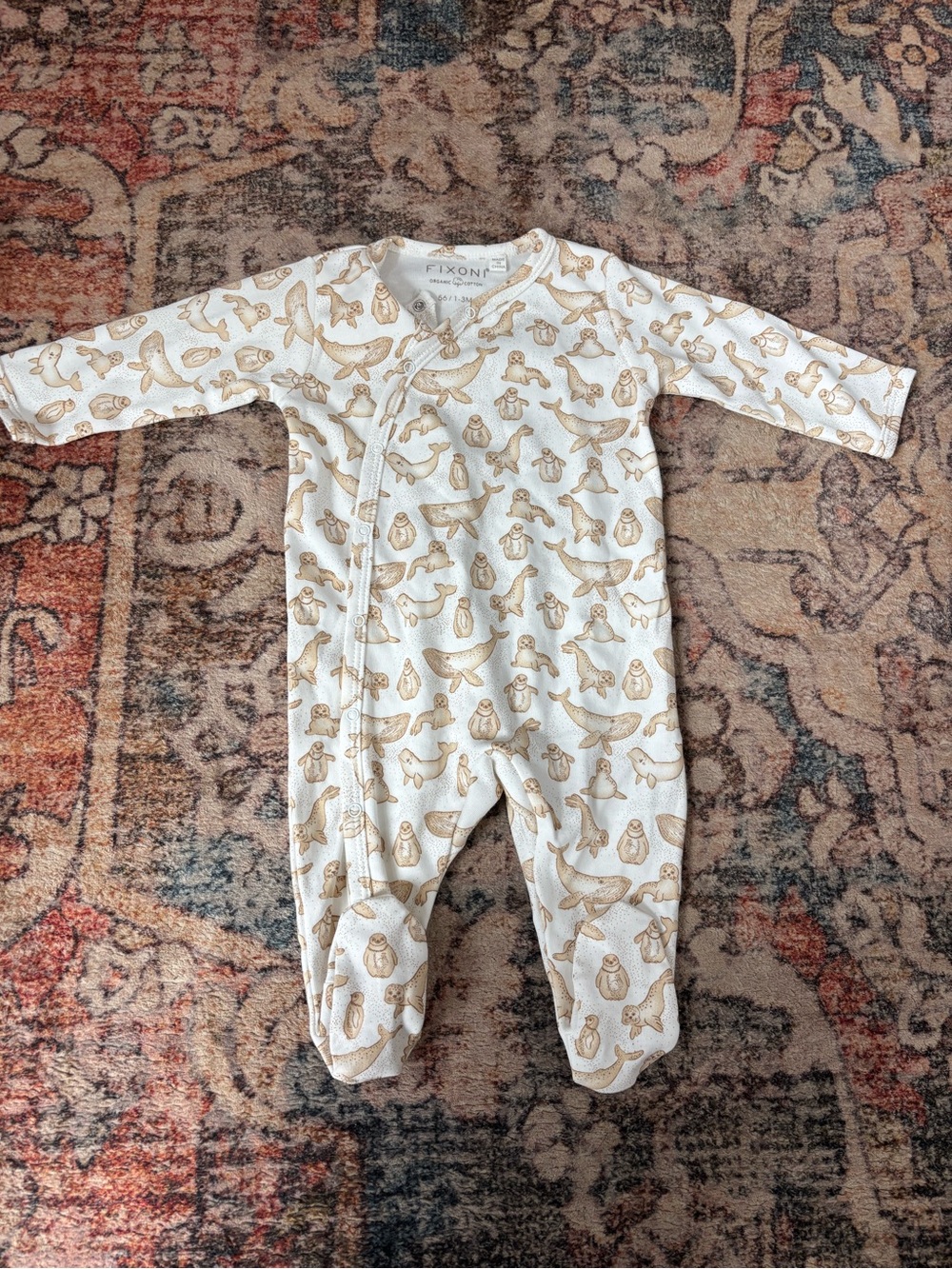 Fixoni brand Cream Footed Pajama with Tan Animal Print ORGANIC COTTON